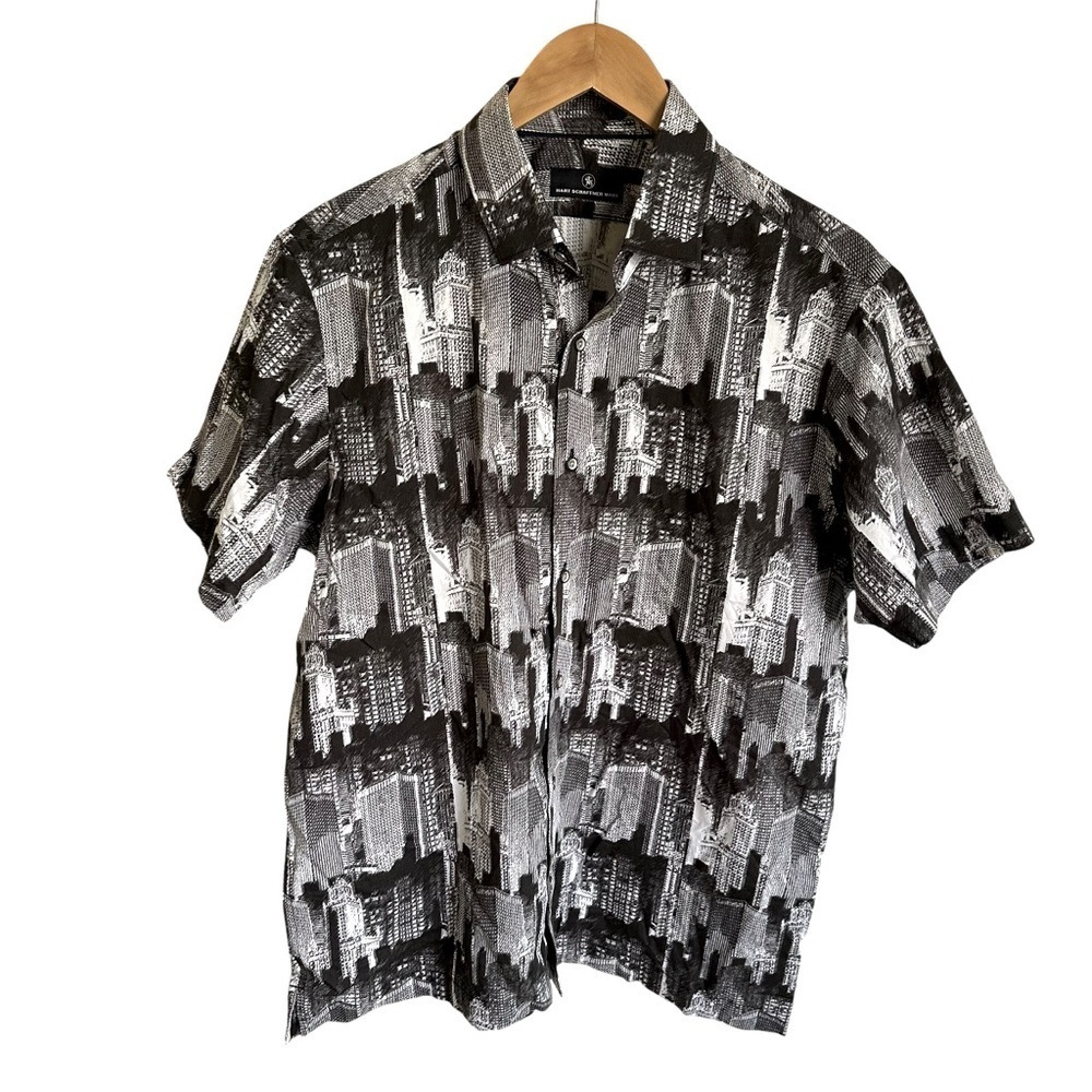 Hart Schaffner Marx Mens Large Cityscape Button Up Short Sleeve Shirt Black